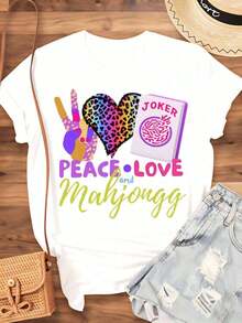 Women's Cotton T-Shirts Peace Love And Mahjongg With Joker Tile Design For Mahjong Enthusiasts, Casual Wear For Women And Girls, Perfect For Game Nights And Leisure Activities, Basic Women's Blouses. - 白色 - 查看 3