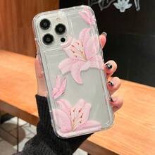 Compatible With IPhone 17/17 Pro/17 Pro Max/16/15/14/13/12/11 Series, 1pc Inflatable Pink Lily & Butterfly Full Coverage Anti-Drop Phone Case, Fashionable 17 Pro Max Phone Protective Cover - Clear - View 3