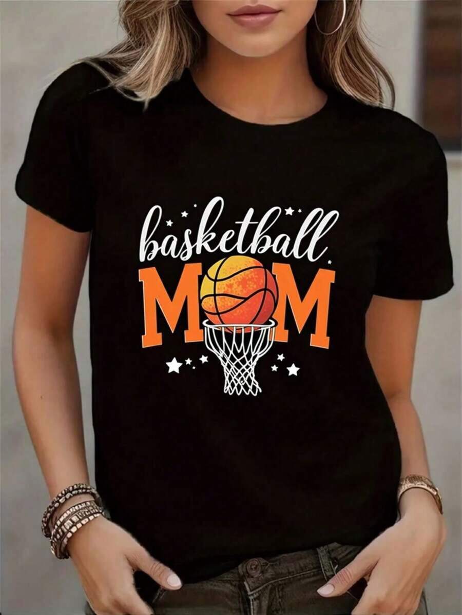 2026 Pieces Of Women's And Unisex Basketball Jerseys - Casual Short Sleeve Crew Neck T-Shirt, Printed With "Basketball Mom Life" Text, Slightly Stretchy Fabric Suitable For Game Days, Events, Gatherings, And Beach Parties - A Must-Have For Moms, For Everyday Casual Wear, Soft, Comfortable, And Loose Fit Fabric. GHG1 - 黑色 - 查看 1