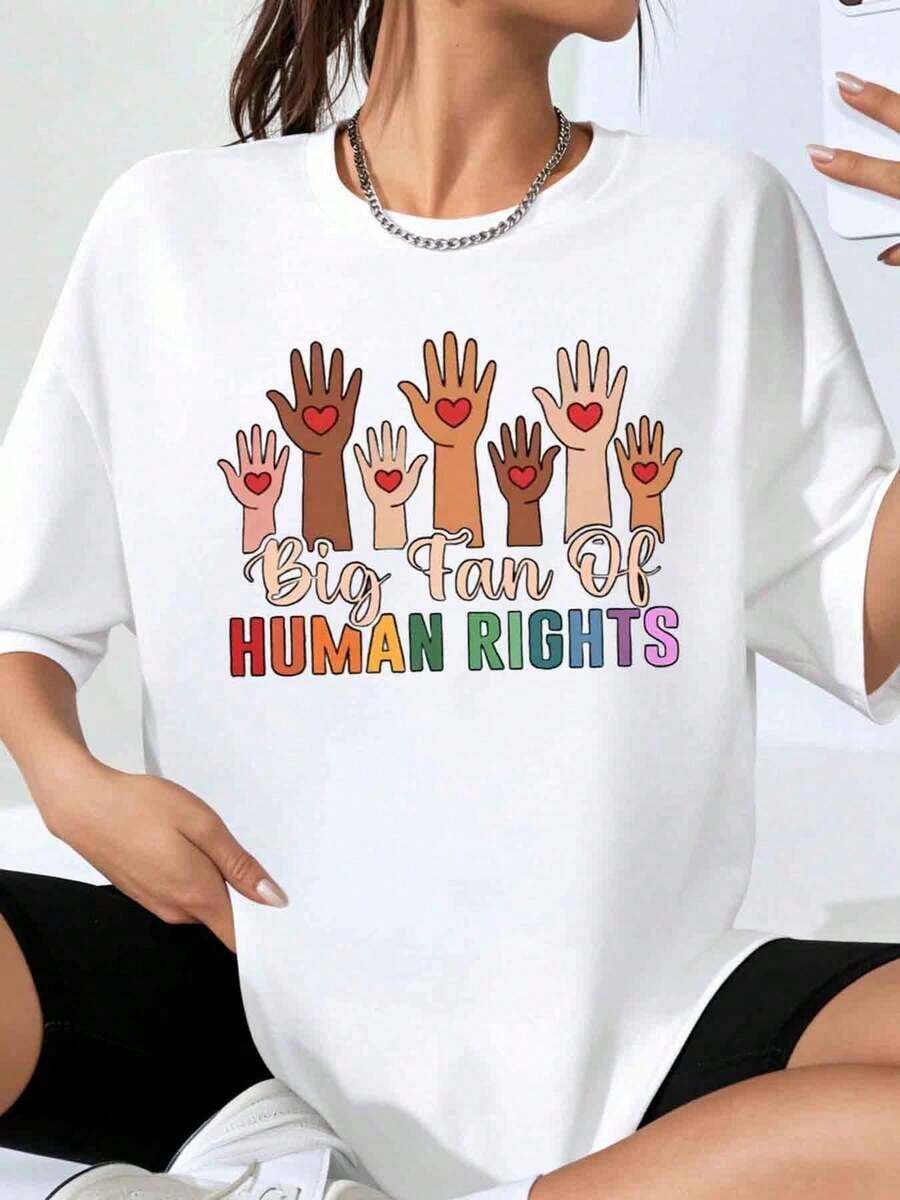 Women's "Big Human Rights Fan" T-Shirt, Rainbow Pride, Diversity, Equality, Activism, Casual Top For Human Rights Awareness Events And Celebrations - 白色 - 查看 1