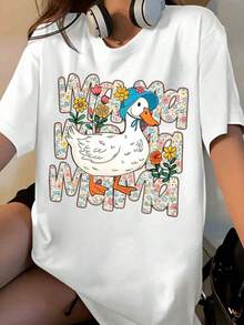Camiseta con Estampado Floral de Mamá Pato con Diseño de Patos y Flores para Mujeres y Niñas, Ropa Casual de Verano [Adecuada para Ocio y Actividades Deportivas] Playera Holgada para Mujer - Blanco - Ver 7