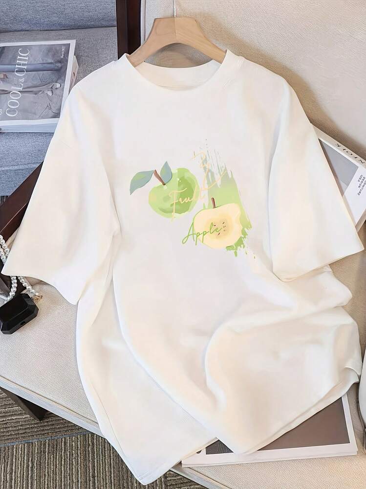 Camiseta Moderna Minimalista Blanca de Verano de Manga Corta para Mujer 06, Nueva, Popular, Linda, con Estampado de Manzana, de Media Manga, Informal para Uso Diario - Blanco - Añade 7