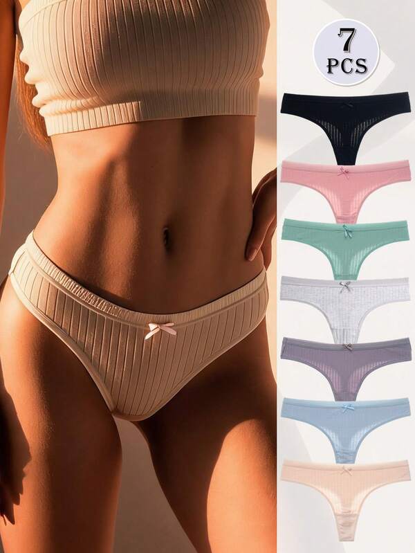 7pcs/Set Women's Pure Cotton Thong Panties, Breathable Comfortable Women's Underwear With Cute Bowknot
