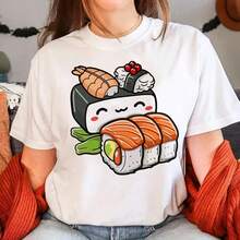 Women's T-Shirt With Sushi Print, 2000s Summer Sleeve Style, Harajuku Aesthetic, Graphic, Casual, Stylish, Short Sleeve, For Everyday Wear - Vintage Urban Style, Unisex, Loose Fit, Cotton, Short Sleeve, Round Neck - 白色 - 查看 7