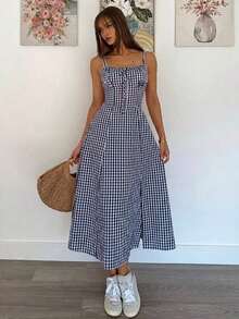 Vestido a media pantorrilla con tirantes a cuadros para mujeres, de moda y apropiado para el verano - Azul marino - Ver 5