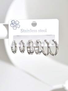 6pcs/Set Fashionable Stainless Steel Geometric Hoop Earrings Set, Versatile Daily Wear For Women - Multicolor C - View 7