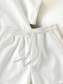 Conjunto casual diario de top de manga corta de cuello redondo de unicolor y shorts con cordón en la cintura para mujer - Blanco 3 - Ver 4