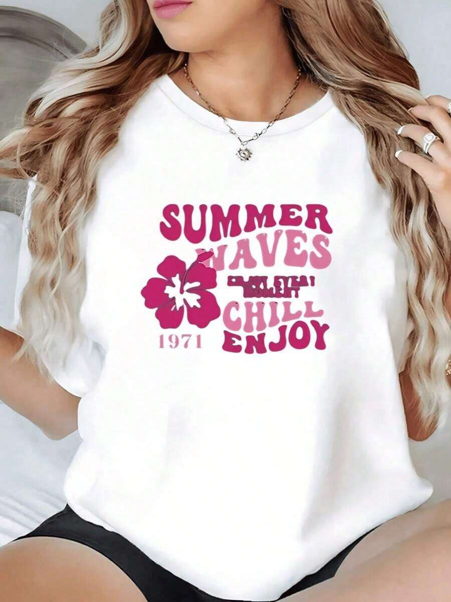 100% Cotton. Hibiscus Flower And Message Celebrating Summer Waves And Positive Energy, Enjoying Every Moment. 1971 Women's T-Shirt, 100% Cotton, Casual, Comfortable, And Modern. Women's Simple Solid Color T-Shirt, Loose And Slim Fit, Casual Short Sleeve - 白色的 - 查看 1