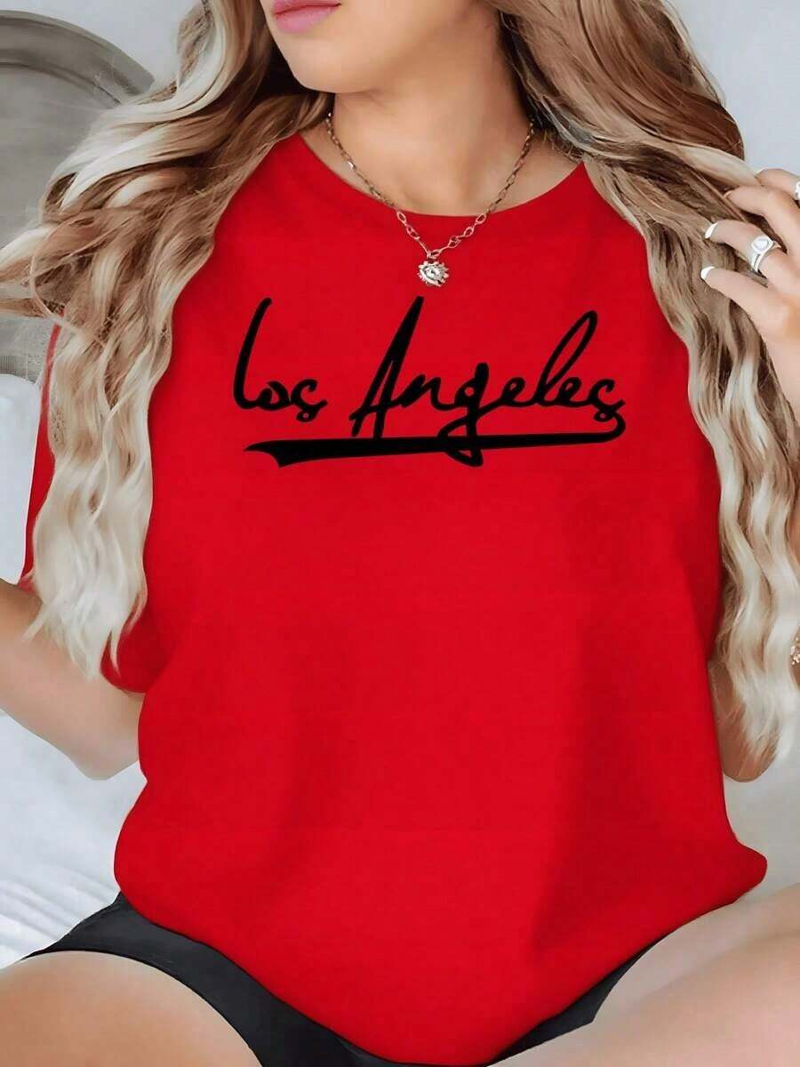 100% Cotton. Iconic Text Celebrating The Vibrant Energy And Free Spirit Of Los Angeles With Modern Artistic Typography. Women's 100% Cotton 220g T-Shirt. Women's Simple Solid Color T-Shirt, Loose And Slim Fit Casual Short Sleeve - 紅色的 - 查看 1