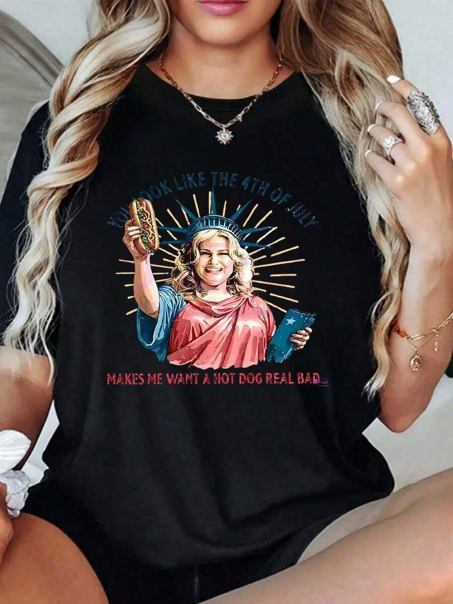 100% Cotton. Statue Of Liberty Figure Holding A Hot Dog, Evoking Joy For Independence And Modern Humor. Women's T-Shirt, 100% Soft And Comfortable Cotton, Ideal For Casual Wear. Women's Simple Solid Color T-Shirt, Loose And Slim Fit Casual Short Sleeve - 黑色 - 查看 1