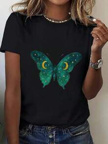 Women's Plus Size Blouses - Oversized T-Shirt For Women - Casual Short Sleeve Top, Starry Butterfly Pattern In Green And Gold, Lightweight And Breathable Fabric, Casual Spring/Summer Style, Suitable For Home And Outings, Fun Geometric Design, Butterfly T-Shirt, Summer Clothes, Round Neck, Soft Texture, Fashionable T-Shirt, T-Shirt For Women's Summer Wardrobe. - 白色的 - 查看 8