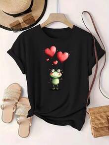 Women's Casual Short Sleeve T-Shirt, Frog And Heart Balloon Print, Comfortable Fit, Matching Sets For Sisters, Outdoor Travel Essential, Women's T-Shirt, Spring/Summer T-Shirt. - 黑色 - 查看 1