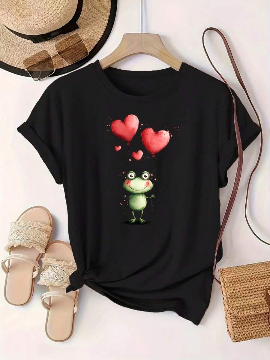 Women's Casual Short Sleeve T-Shirt, Frog And Heart Balloon Print, Comfortable Fit, Matching Sets For Sisters, Outdoor Travel Essential, Women's T-Shirt, Spring/Summer T-Shirt. - 黑色 - 查看 1