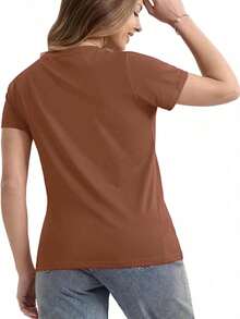 Women's Round Neck T-Shirt With Cat And Potted Plant Print. - Coklat - View 1