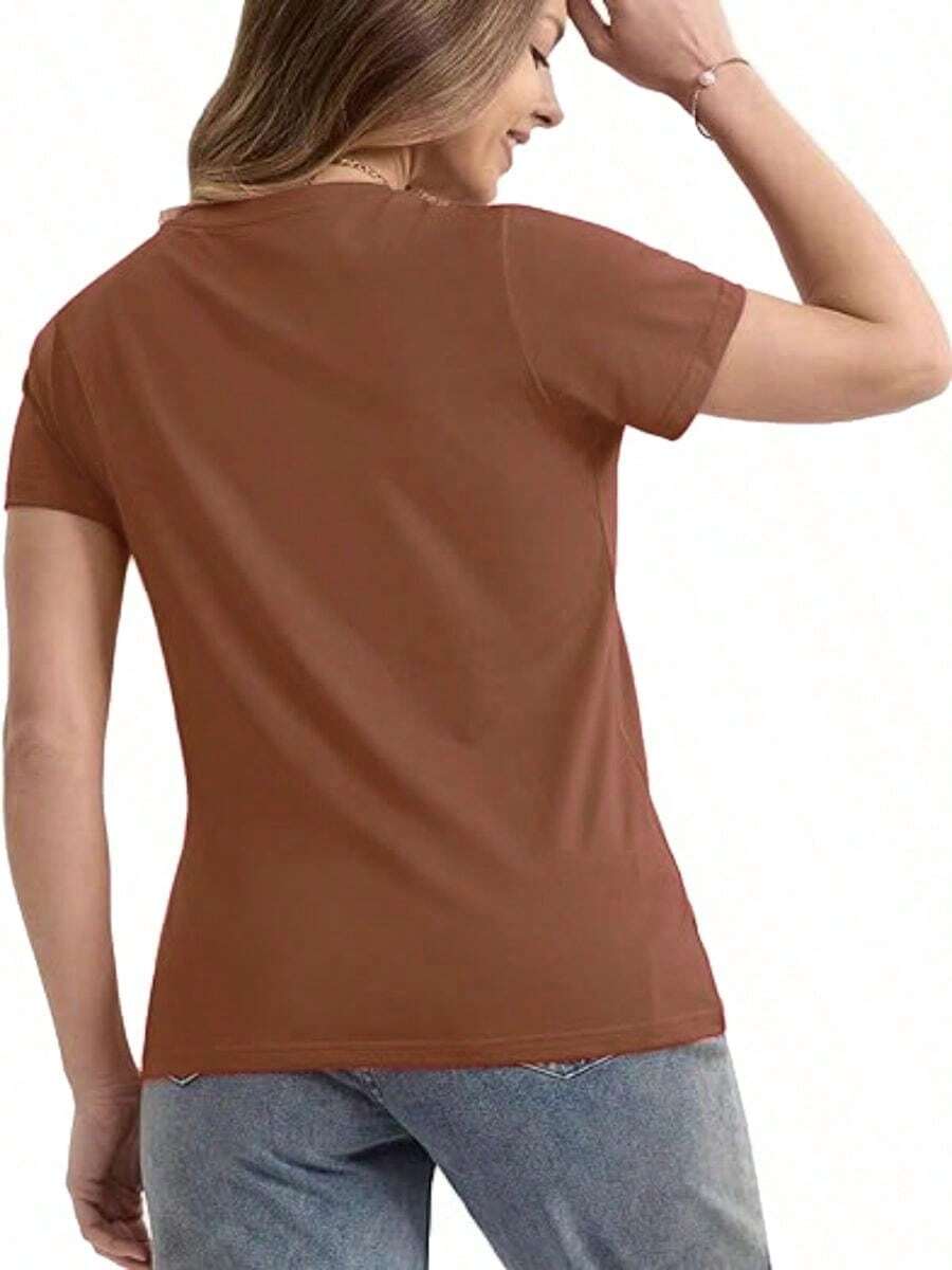 Women's Round Neck T-Shirt With Cat And Potted Plant Print. - Coklat - View 1