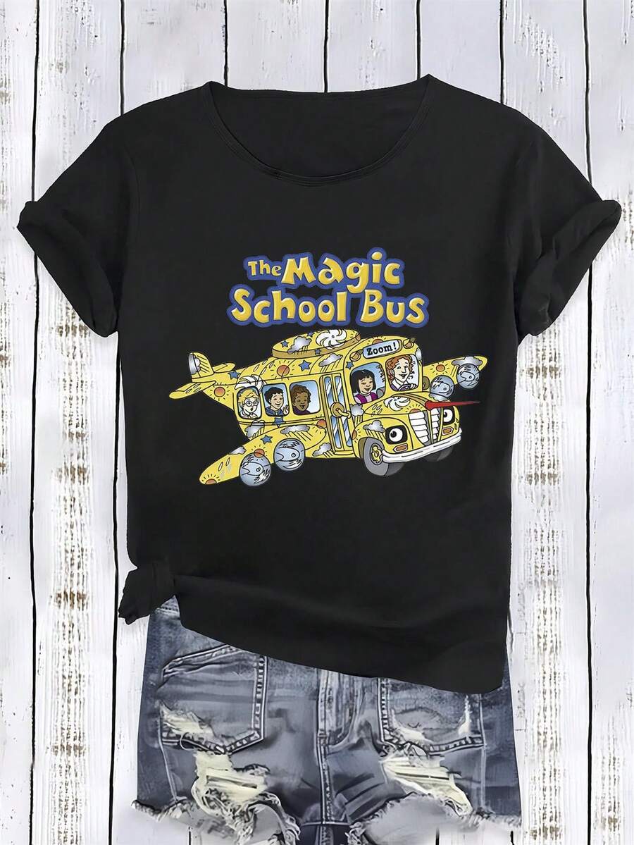 "The Magic School Bus" Print T-Shirt - Bright And Fun Design Featuring The Classic Yellow Bus, Made From Soft Fabric, Perfect For Everyday Wear. - Great For Daily Wear And Outdoor Entertainment. Style, Outdoor Activities, Street Style, Fashionable Fashion, Attractive Weather, Summer Wear, Casual Wear, Party Set, Perfect For Holidays & Playtime, Great For Party & Family Holidays, Perfect For Daily Wear, Clothing Set & Gift - 黑色 - 查看 1