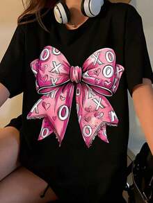 Women's Pink T-Shirt With Bow Print Xo, Casual Summer T-Shirt For Women With Headphone And Necklace Accessories, Fashionable Garment For Valentine's Day And Everyday Wear - 黑色 - 查看 7