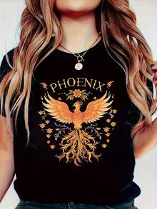 PHOENIX Graphic Print T-Shirt, Short Sleeves, Crew Neck, Casual Top For Summer And Spring, Women's Clothing. Women's Casual Printed T-Shirt, Short Sleeves And Crew Neck, Local Spring/Summer Streetwear. - 黑色 - 查看 6