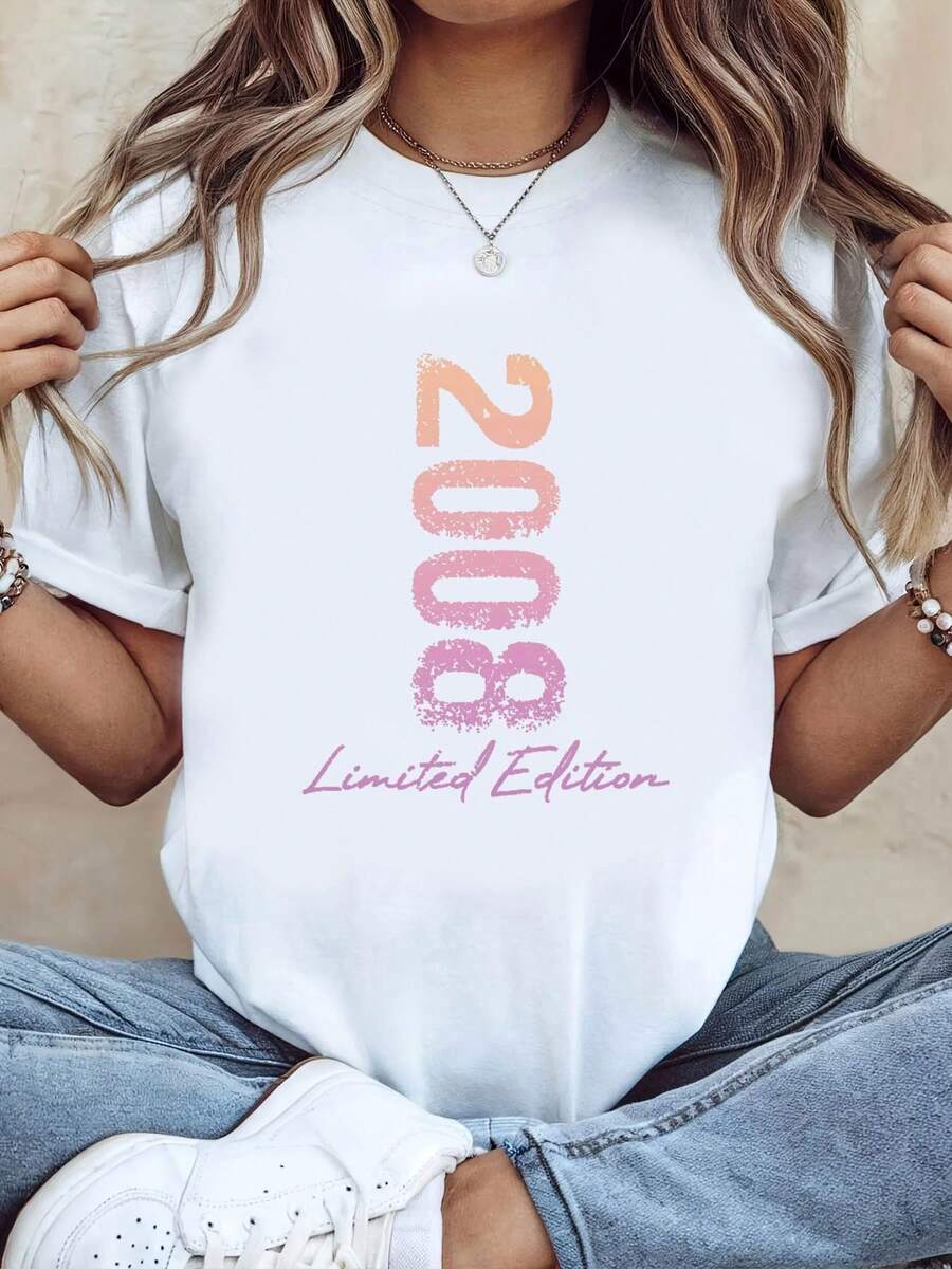 Women's Fashion Letter Print T-Shirt, Limited Edition 2008, Birthday Commemorative, Short Sleeve, Round Neck, Casual Top For Summer And Spring, Women's Clothing, Casual Printed T-Shirt, Short Sleeve And Round Neck, Local Urban Spring/Summer Fashion. - 白色 - 查看 1
