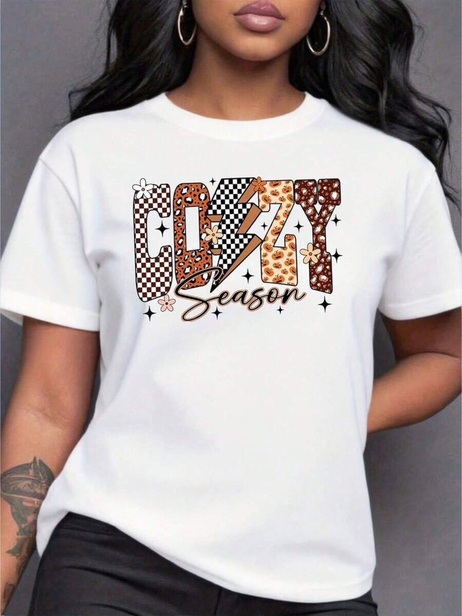 Crazy Season Women's Casual Sports T-Shirt With Colorful Print - Elastic Round Neck T-Shirt, Machine Washable, Comfortable Fit For All Seasons, For Young And Modern Women With Unique Style And Tattoos. - 白色 - 查看 1