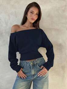 Top de manga larga asimétrico de hombro de punto de color albaricoque para mujer, otoño/invierno - Azul marino - Ver 8