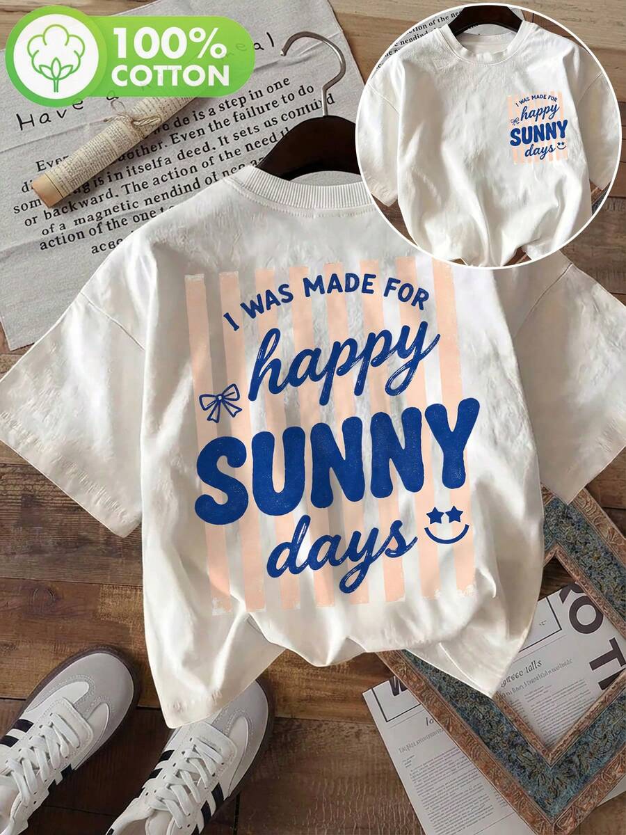| Exquisite Design | Loose And Comfortable | Easy To Match | [Double-Sided Print] Fashionable Women's Top, Summer Clothes For Women, Cool Style, Bow,  Face, Sunny Print, Round Neck, Pure Cotton Short-Sleeve T-Shirt. - 白色 - 查看 1