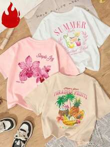 Single Item, Not A 3-Piece Set. Set Of 1. Set Of 1 Short-Sleeved T-Shirt With "Summer Girl" Prints, Tropical Fruits And Pink Orchids, Sweet And Edgy Style, Ideal For Beach Trips, Terrace Parties, Summer Music Festivals And Everyday Casual Outings. Y2k T-Shirt Shirt - 白色 - 查看 2