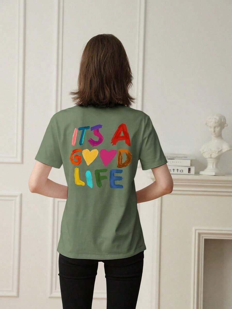 Women's Short-Sleeved T-Shirt With A Round Neck And Colorful Slogan Print, A New Summer Style Suitable For Everyday Wear. Vacation Graphic T-Shirt For Women, White Top For Women - 綠色 - 查看 1