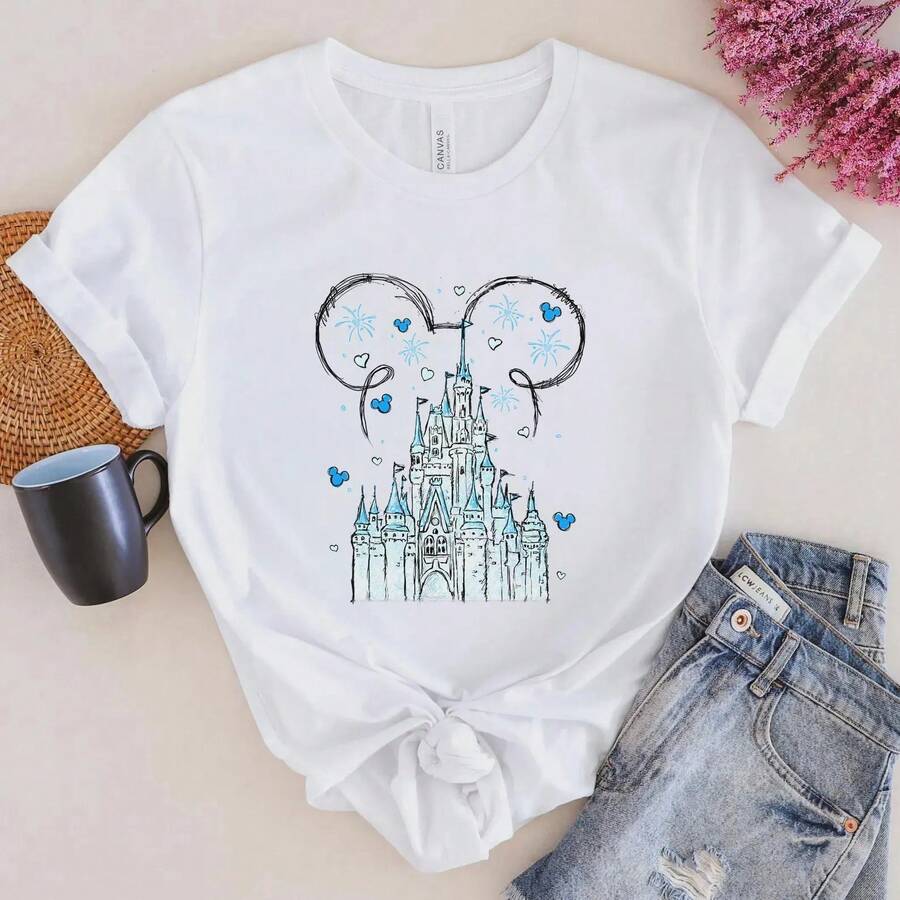 Minnie Mouse Castle Shirt_ Disneyland Watercolor Tee Disney Oversized T-Shirt - 白色 - 查看 1
