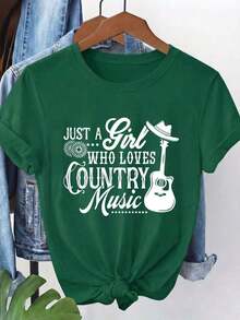 Camiseta casual de primavera/verano para mujer del Equipo Nacional de Fútbol de México, con cuello redondo y mangas cortas, estampada con letras blancas y un diseño de guitarra y mezclilla, hecha de tela transpirable y lavable a máquina, adecuada para todas las estaciones, cómoda, de corte holgado y talla grande, ideal para el verano. - Verde - Ver 1