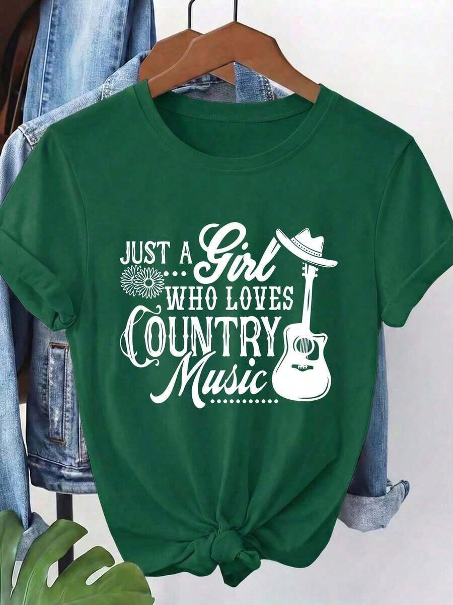Camiseta casual de primavera/verano para mujer del Equipo Nacional de Fútbol de México, con cuello redondo y mangas cortas, estampada con letras blancas y un diseño de guitarra y mezclilla, hecha de tela transpirable y lavable a máquina, adecuada para todas las estaciones, cómoda, de corte holgado y talla grande, ideal para el verano. - Verde - Ver 1
