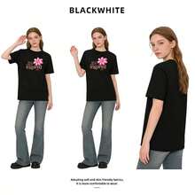Women's Summer Outfits, Short Sleeve T-Shirt With Feminine Print, Sweet And Fresh Style, Casual, Thick Cotton, 100% Cotton - 黑色 - 查看 2
