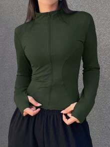 de forro polar de ajuste ceñido con cuello alto de unicolor para mujer, otoño e invierno - Verde Oliva - Ver 3
