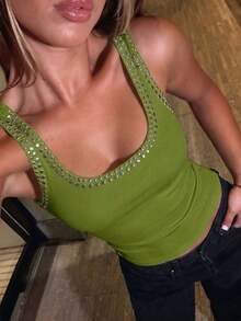 Blusa casual y versátil para uso diario con decoración de remaches para mujer de talla grande - Verde - Ver 6