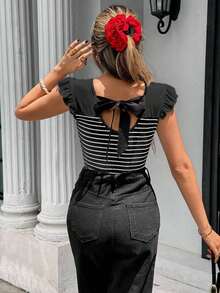 Camisola sin espalda de manga corta con estilo de calle francés de primavera/verano para mujeres - Negro - Ver 2