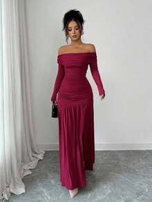 Vestido de punto ajustado de manga larga con hombros descubiertos, elegante y vintage, adecuado para otoño/invierno, Halloween - Burdeos - Ver 4