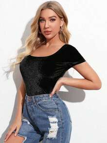 Privé Top de terciopelo de cuello redondo - Negro - Ver 3