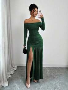 Vestido de punto ajustado de manga larga con hombros descubiertos, elegante y vintage, adecuado para otoño/invierno, Halloween - Verde - Ver 6