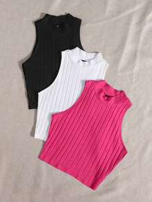 Top de tanque casual sólido de cuello redondo acanalado para el verano - Rosa Fucsia - Ver 4