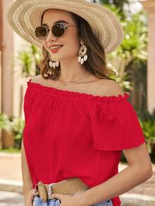Blusa de hombros descubiertos ribete fruncido - Rojo - Ver 6