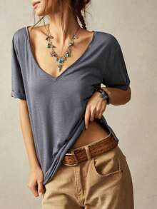Camiseta casual de mujer de manga corta y cuello en V de unicolor holgada - Gris - Ver 3