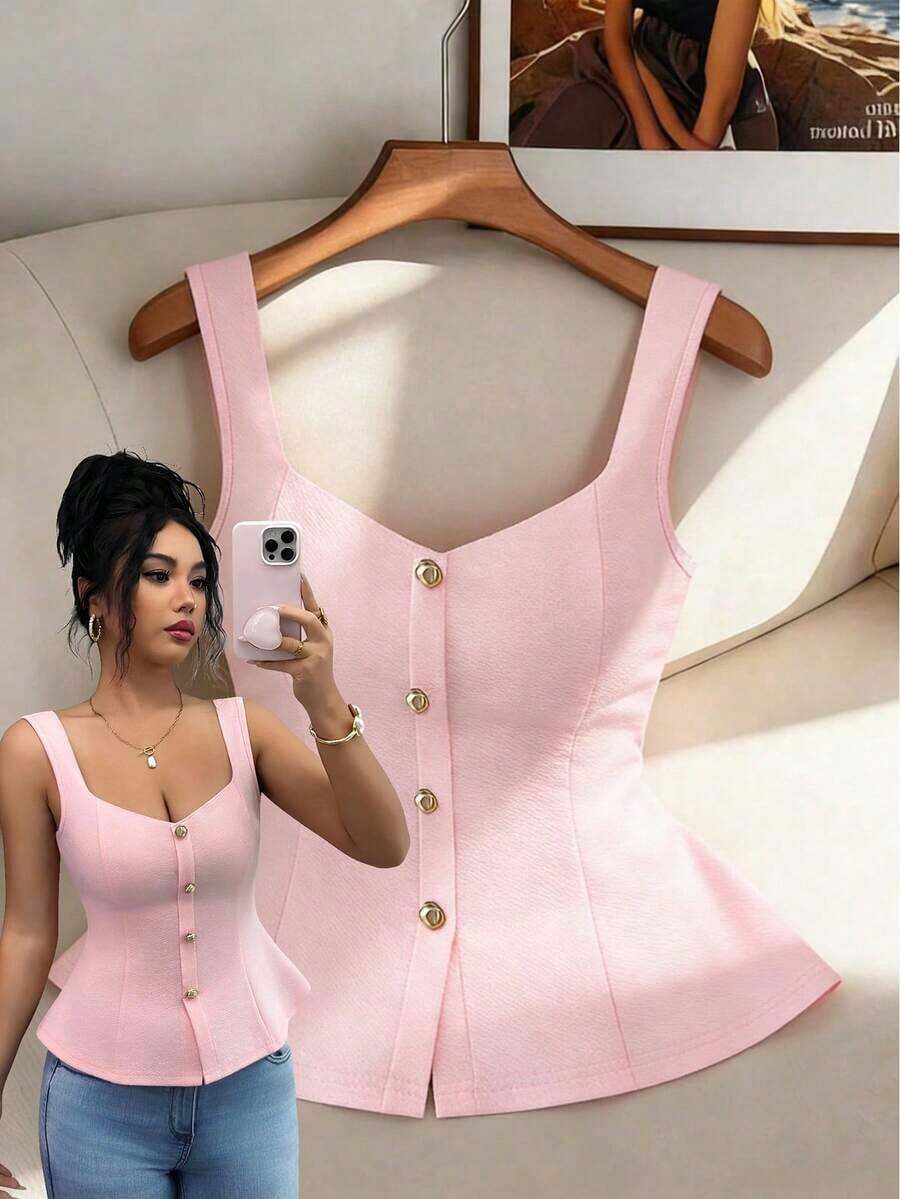 Top de tirantes anchos con cuello cuadrado, abotonado delantero, cintura plisada y ajustado para mujer, unicolor y elegante - Rosa - Ver 1