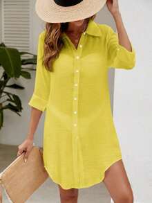 Swim Vcay Kimono de cobertura de unicolor con botones frontales para mujer, ideal para playa, vacaciones y uso casual en verano - Amarillo - Ver 3