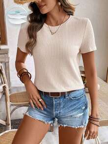 de manga corta para la primavera y el verano con cuello redondo y unicolor en tela texturizada para uso casual - Albaricoque - Ver 1