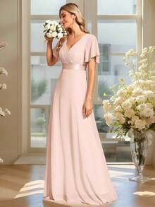 Vestido de dama de honor con cuello en V elegante, mangas con volantes y mariposa, color verde salvia, vestido de invitada de boda, vestido de primavera semi-formal para boda, fiesta de cumpleaños, graduación, Día de San Valentín - Champán 2 - Ver 10