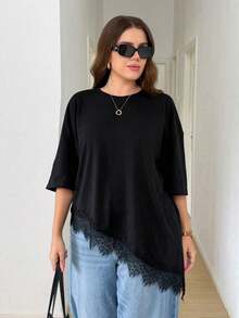 LUNE Camiseta de talla grande con parches de encaje y bajo asimétrico de unicolor - Negro - Ver 5