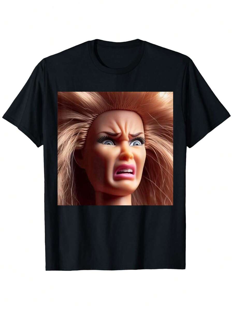 Funny And Cheeky Doll Face T-Shirt - Y2K Humorous Sarcastic Gift, Loose Crew Neck T-Shirt With Iconic Pattern, Novelty Clothes For Parties And Daily Wear (No See-Through Worries) - 如圖所示 - 查看 1