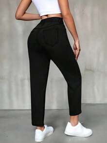 Pantalones vaqueros informales de mujer con bolsillos de forma cónica y multiusos - Negro - Ver 2