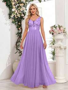Vestido de dama de honor formal de línea A con escote en V sin mangas, bordado y de malla, vestido de fiesta elegante, vestido de invitado de boda formal, vestido de ceremonia de graduación, vestido de noche de primavera - Púrpura malva - Ver 2