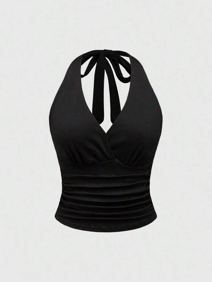 Grunge Punk Top de tirantes con cuello halter con estampado de leopardo Y2K para mujer - Negro - Ver 1